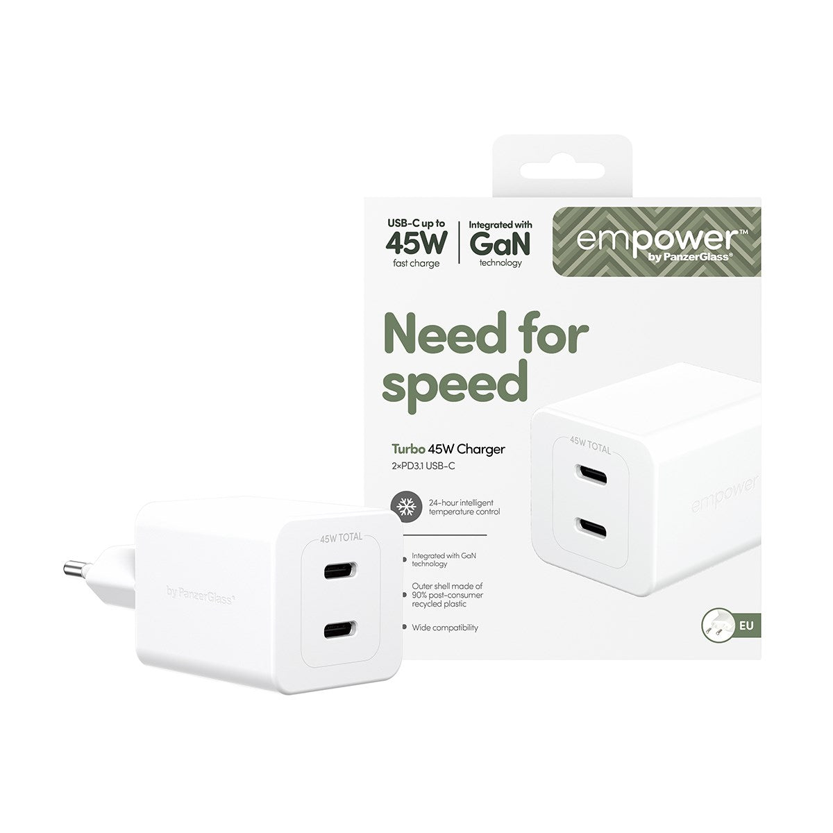 empower by PanzerGlass® Turbo 45W Oplader inkl. 2 x USB-C | EU Stik | Silver White